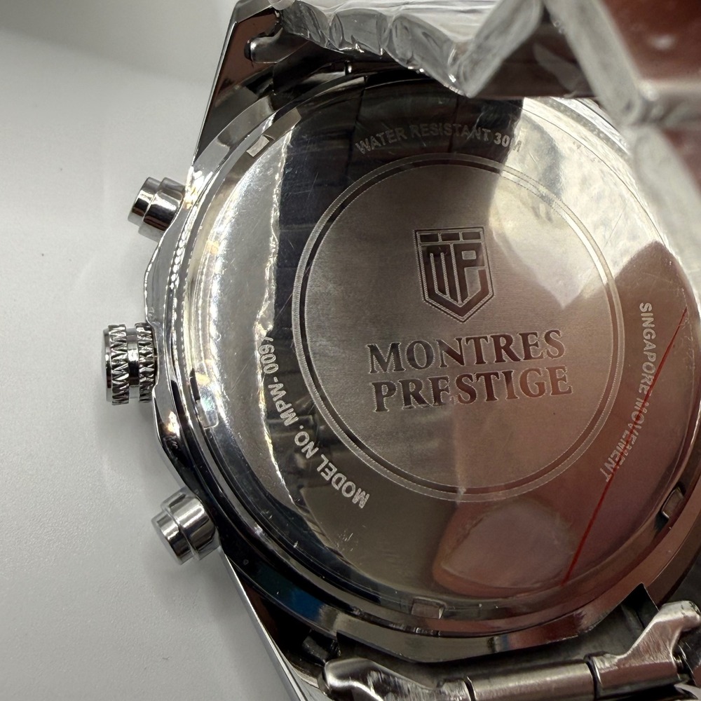 Montres Prestige Mens Chronograph Watch Silver White Tachymeter MPW-0097 NEW - Picture 4 of 6